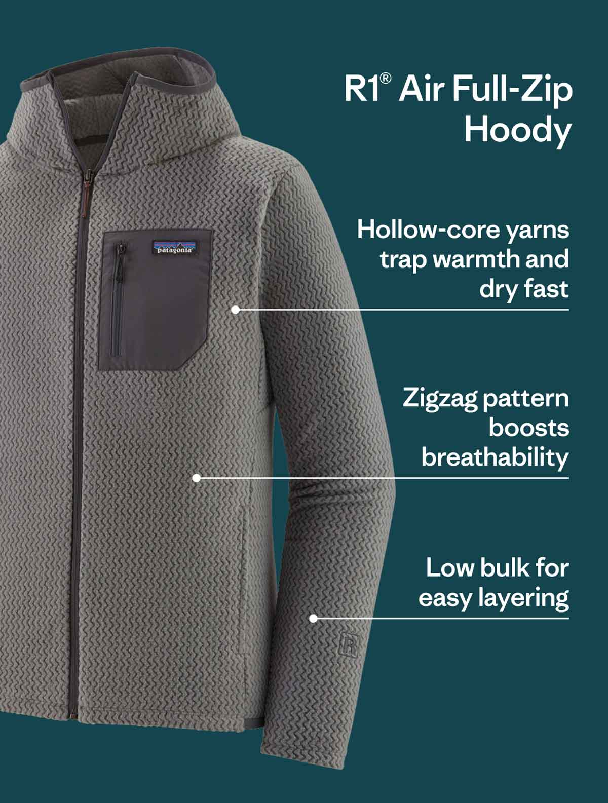 The R1 Air Full-Zip Hoody features hollow-core yarns that trap warmth and dry fast, a zigzag fabric pattern that boosts breathability and low bulk for easy layering.