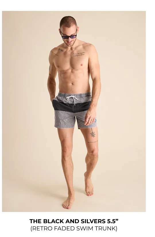 Retro Faded Swim Trunk: The Black And Silvers 5.5"