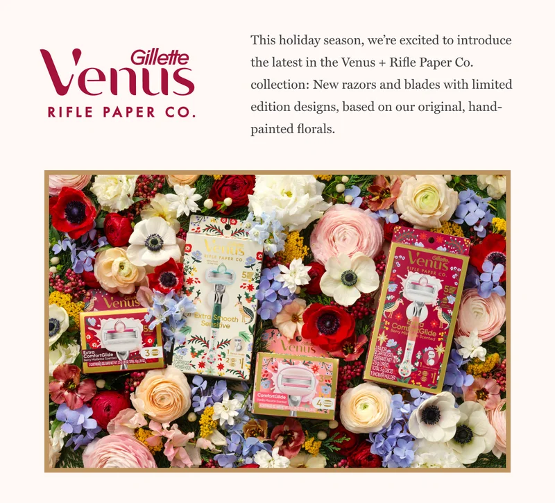 This holiday season, we’re excited to introduce the latest in the Venus + Rifle Paper Co. collection: New razors and blades with limited edition designs, based on our original, hand-painted florals.