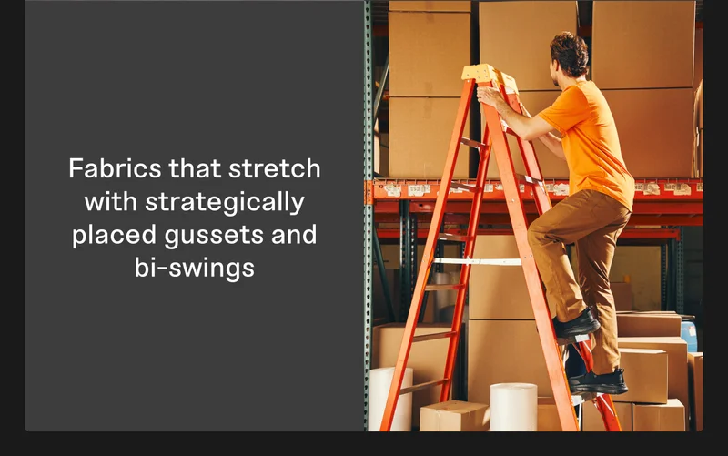 Fabrics that stretch with strategically placed gussets and bi-swings