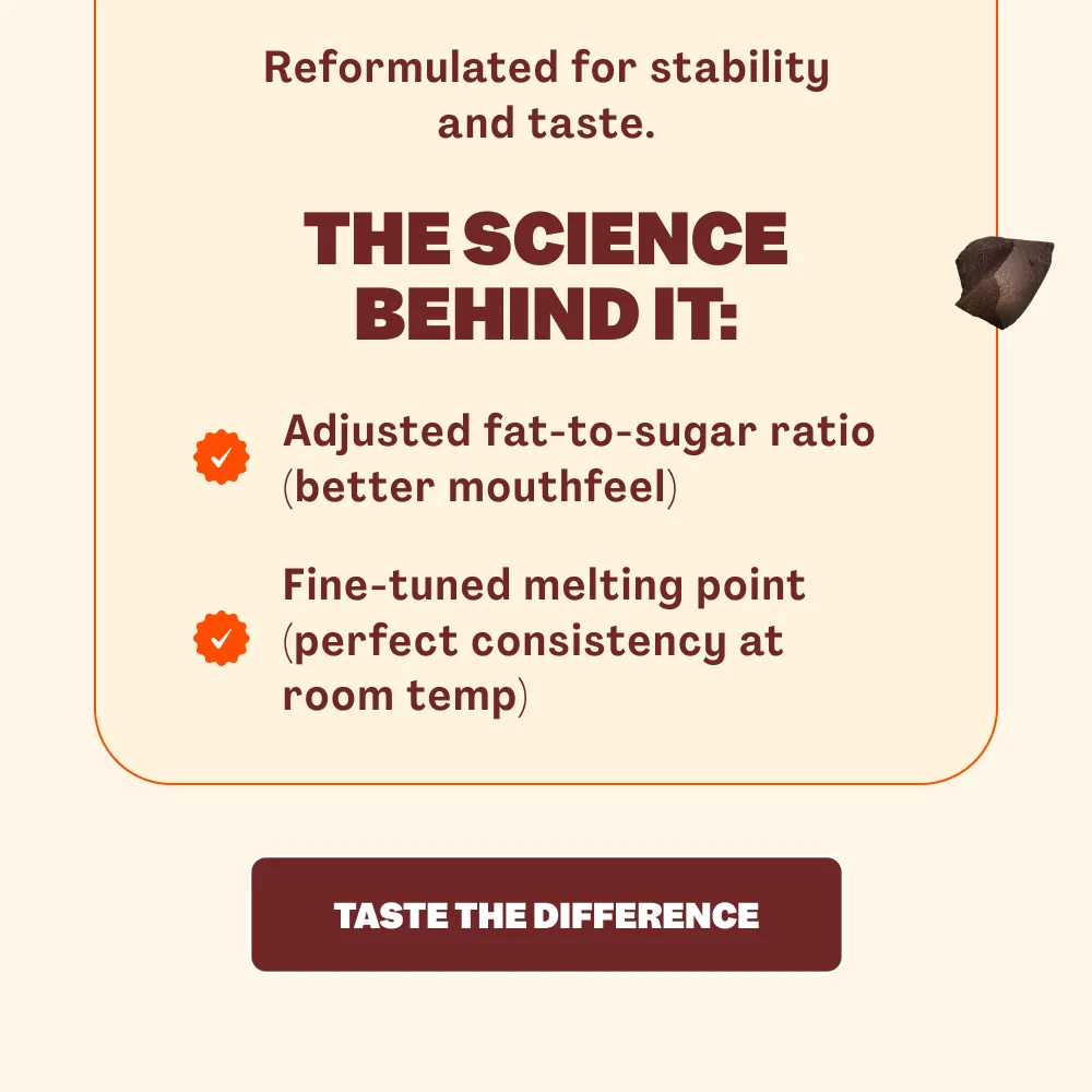 Reformulated for stability and taste. THE SCIENCE BEHIND IT:  Adjusted fat-to-sugar ratio (better mouthfeel) Fine-tuned melting point for perfect consistency at room temp. TASTE THE DIFFERENCE