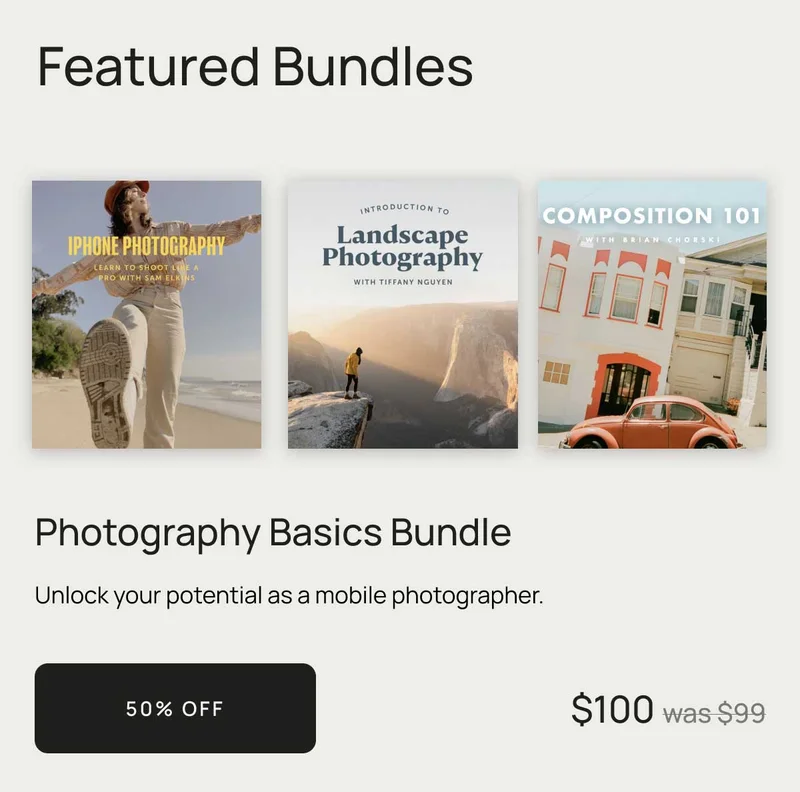 Featured Bundles - Photography Basics Bundle Unlock your potential as a mobile photographer - 50% off $100 was $99