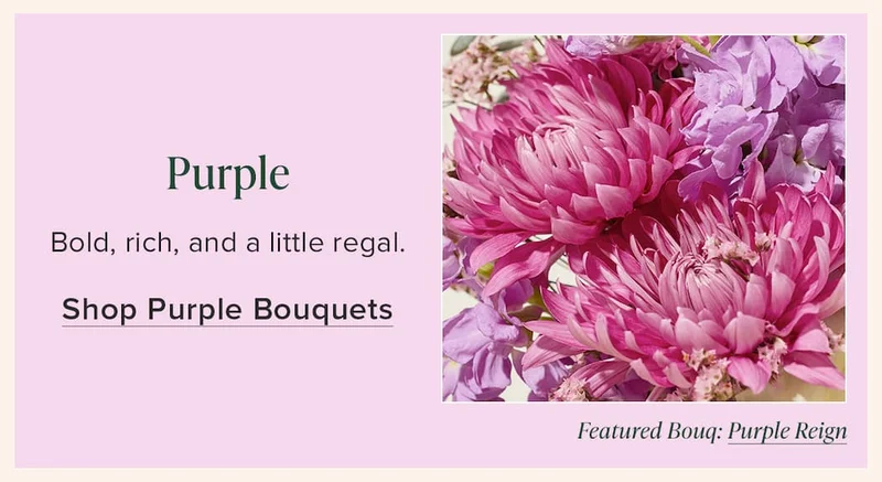 Purple: Bold, rich, and a little regal. Shop Purple Bouquets. Featured Bouq:  Purple Reign