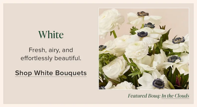 White: Fresh, airy, and effortlessly beautiful. Shop White Bouquets. Featured Bouq:  In the Clouds