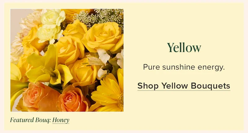 Yellow: Pure sunshine energy. Shop Yellow Bouquets. Featured Bouq: Honey