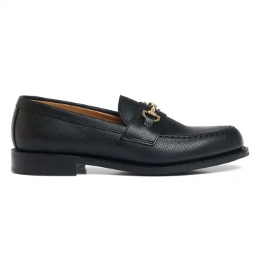 Harvey D Horsebit Loafer in Black Hatched Grain Leather