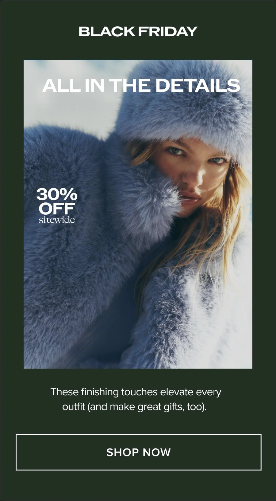 BLACK FRIDAY. ALL IN THE DETAILS. 30% OFF sitewide. THESE FINISHING TOUCHES ELEVATE EVERY OUTFIT (AND MAKE GREAT GIFTS, TOO). SHOP NOW