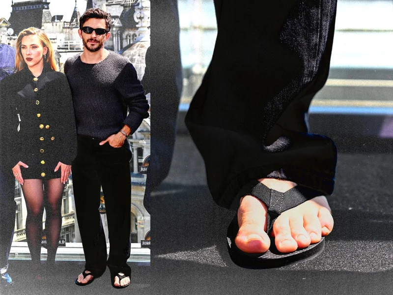 Image may contain: Jonathan Bailey, Scarlett Johansson, Clothing, Footwear, Sandal, Adult, Person, Baby, and Shoe