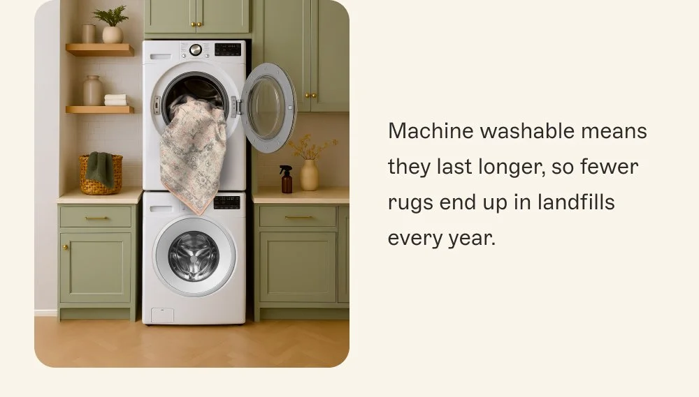 Machine washable means they last longer, so fewer rugs end up in landfills every year.