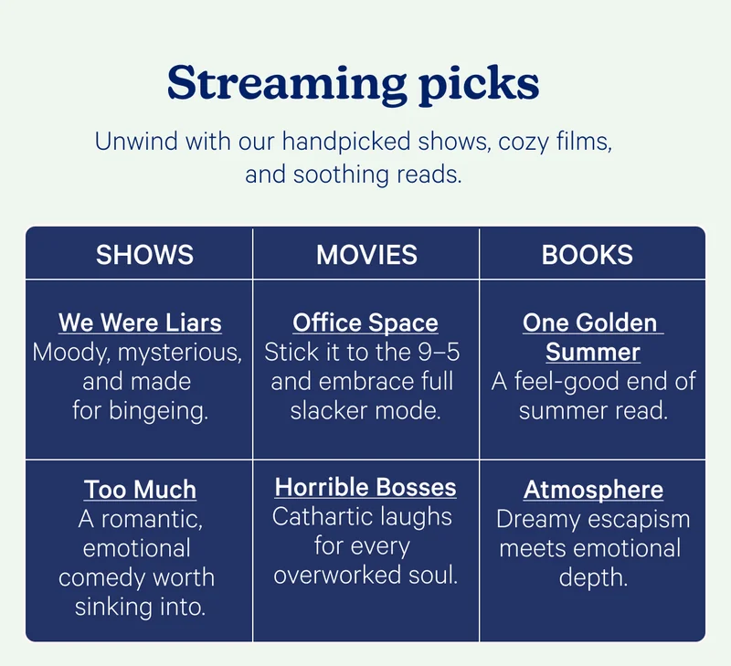 Streaming picks; Unwind with our handpicked shows, cozy films, and soothing reads.