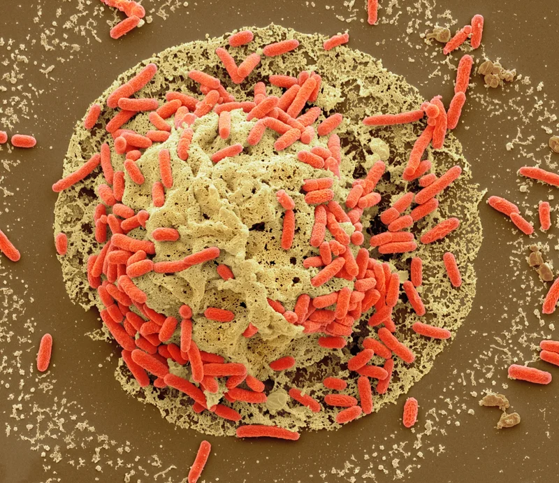 Colored scanning electron micrograph (SEM) of a macrophage white blood cell (center) that is being destroyed by toxins released by E. coli bacteria (red).