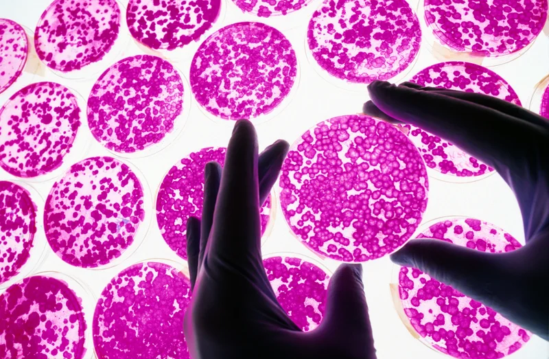 Two hands hold up a petri dish with clusters of stem cells growing in them in front of more petri dishes.