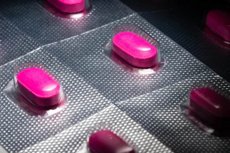 A close-up of a sheet of pink pills in individual packaging.