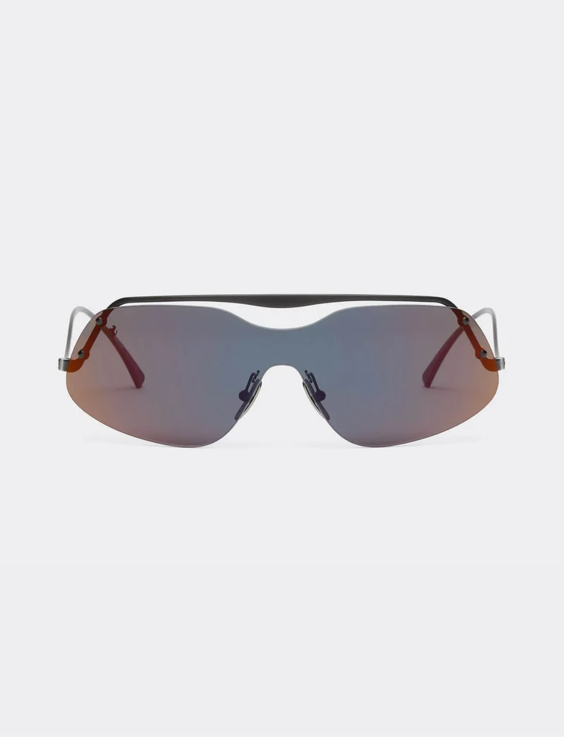 Black metal Ferrari sunglasses with grey and red mirrored lenses