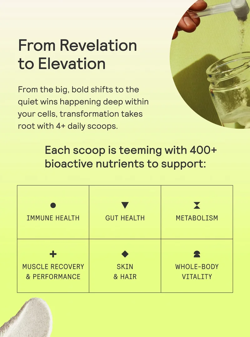 ARMRA promotional section highlighting 400+ bioactive nutrients supporting immune, gut, and whole-body health.