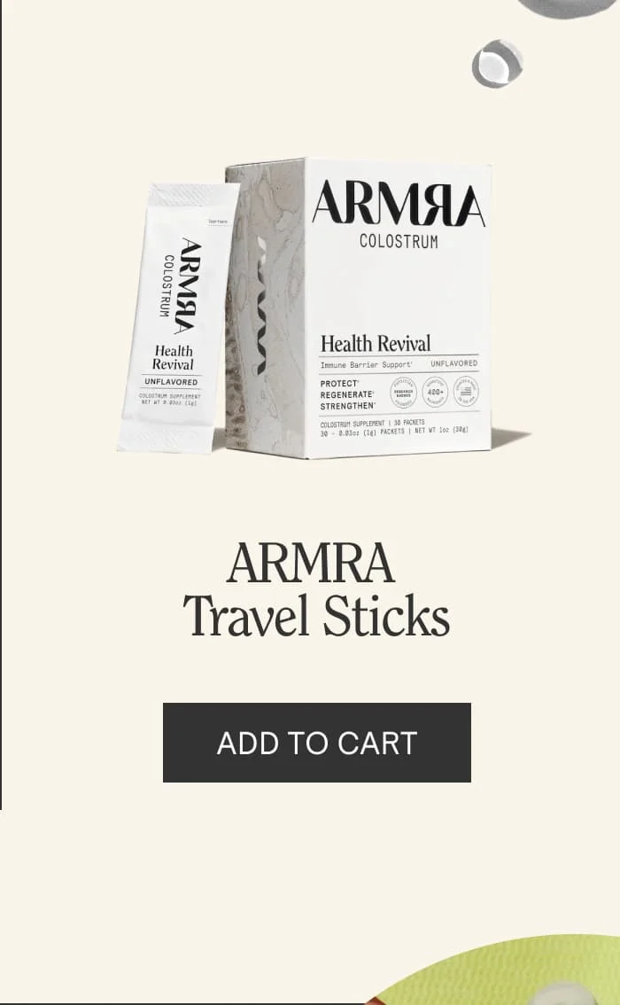 ARMRA Colostrum Health Revival travel sticks and box with “Add to Cart” button.