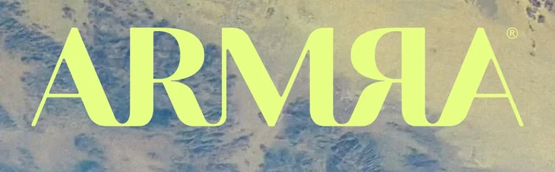 ARMRA logo in bright yellow-green text on a blue and beige abstract background.