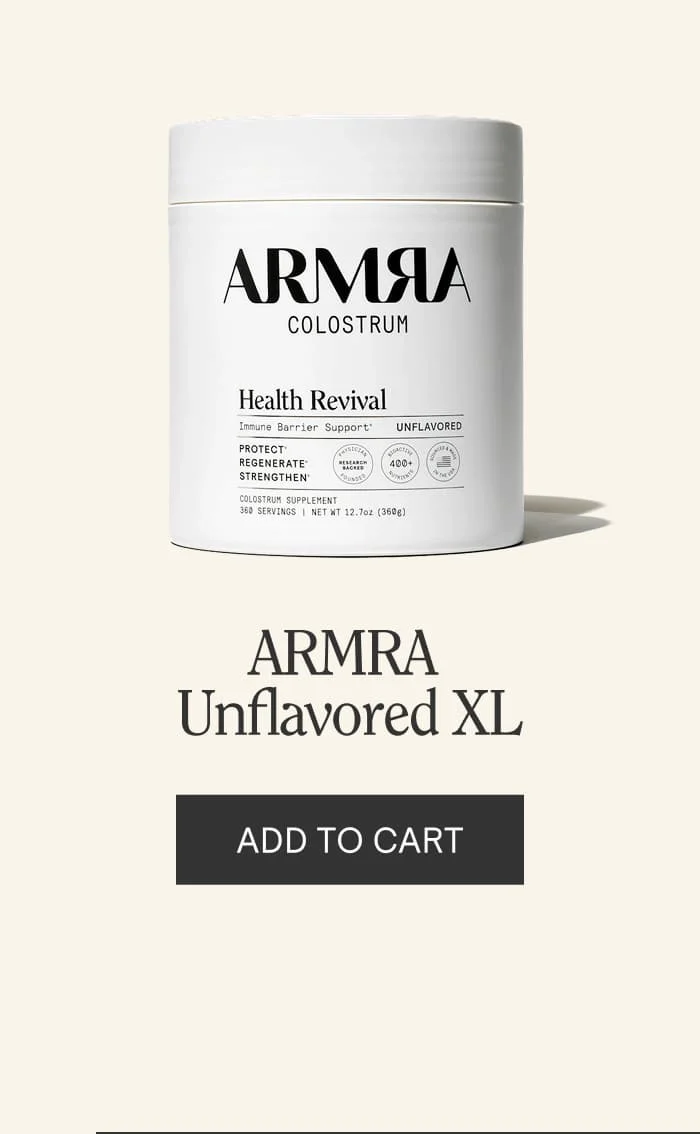 ARMRA Colostrum Health Revival XL jar with “Add to Cart” button below.