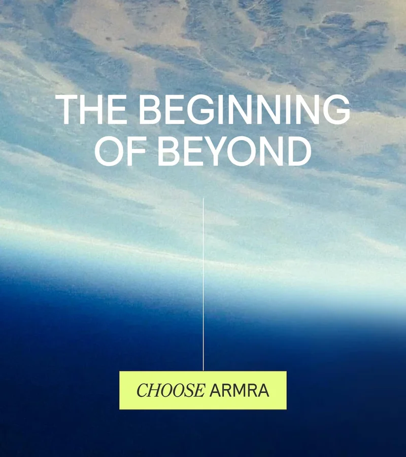 Earth view from space with white text reading “The Beginning of Beyond” and a button that says “Choose ARMRA.”