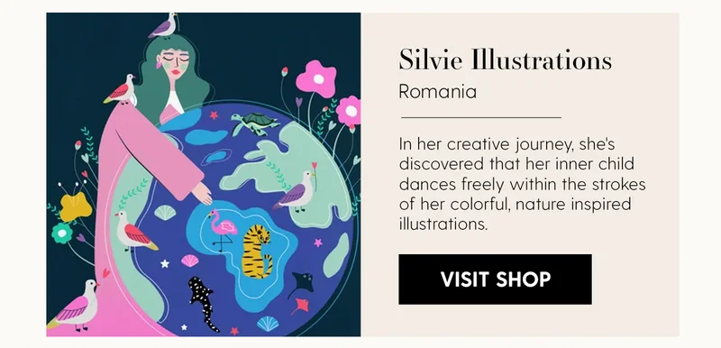 Silvie Illustrations | Location: Romania | In her creative journey, she's discovered that her inner child dances freely within the strokes of her colorful, nature inspired illustrations. | Visit Shop