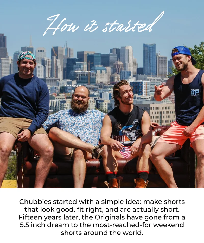 Chubbies started with a simple idea: make shorts that look good, fit right, and are actually short. Fifteen years later, the Originals have gone from a 5.5 inch dream to the most-reached-for weekend shorts around the world.