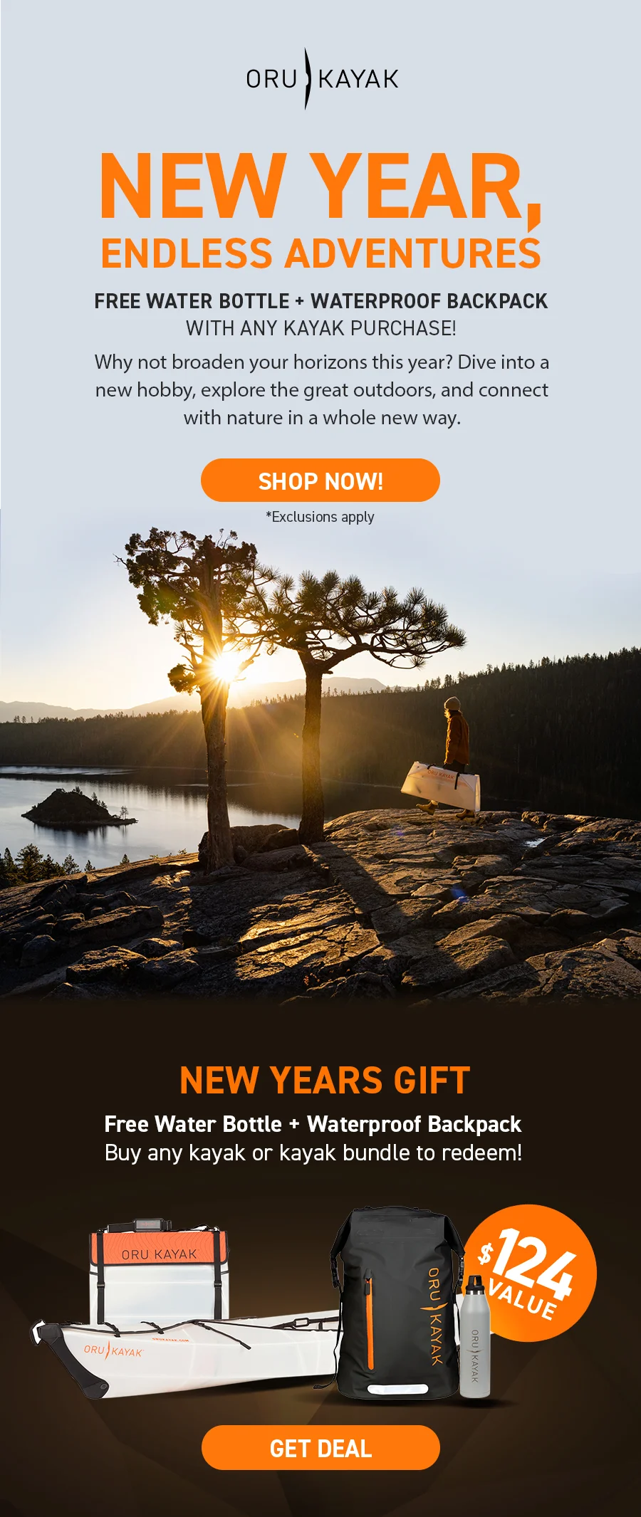 New year, endless adventures! Get a free waterproof backpack + water bottle with any kayak purchase!