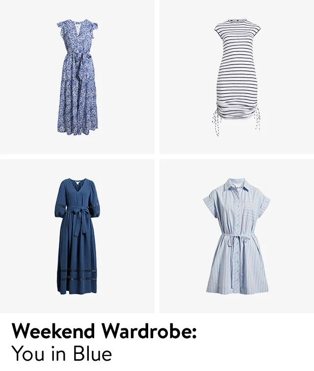A blue belted shirtdress; a blue belted maxi dress with lace details; a striped t-shirt dress; and a ruffle-sleeve printed midi dress.