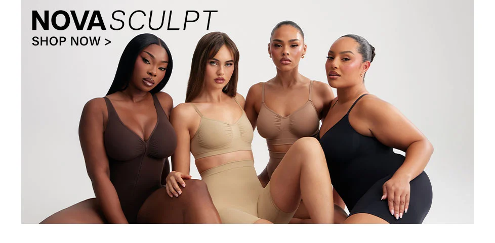 Four women are seated, confidently modeling NOVA SCULPT shapewear in brown, nude, and black. Explore the new sculptwear collection now!