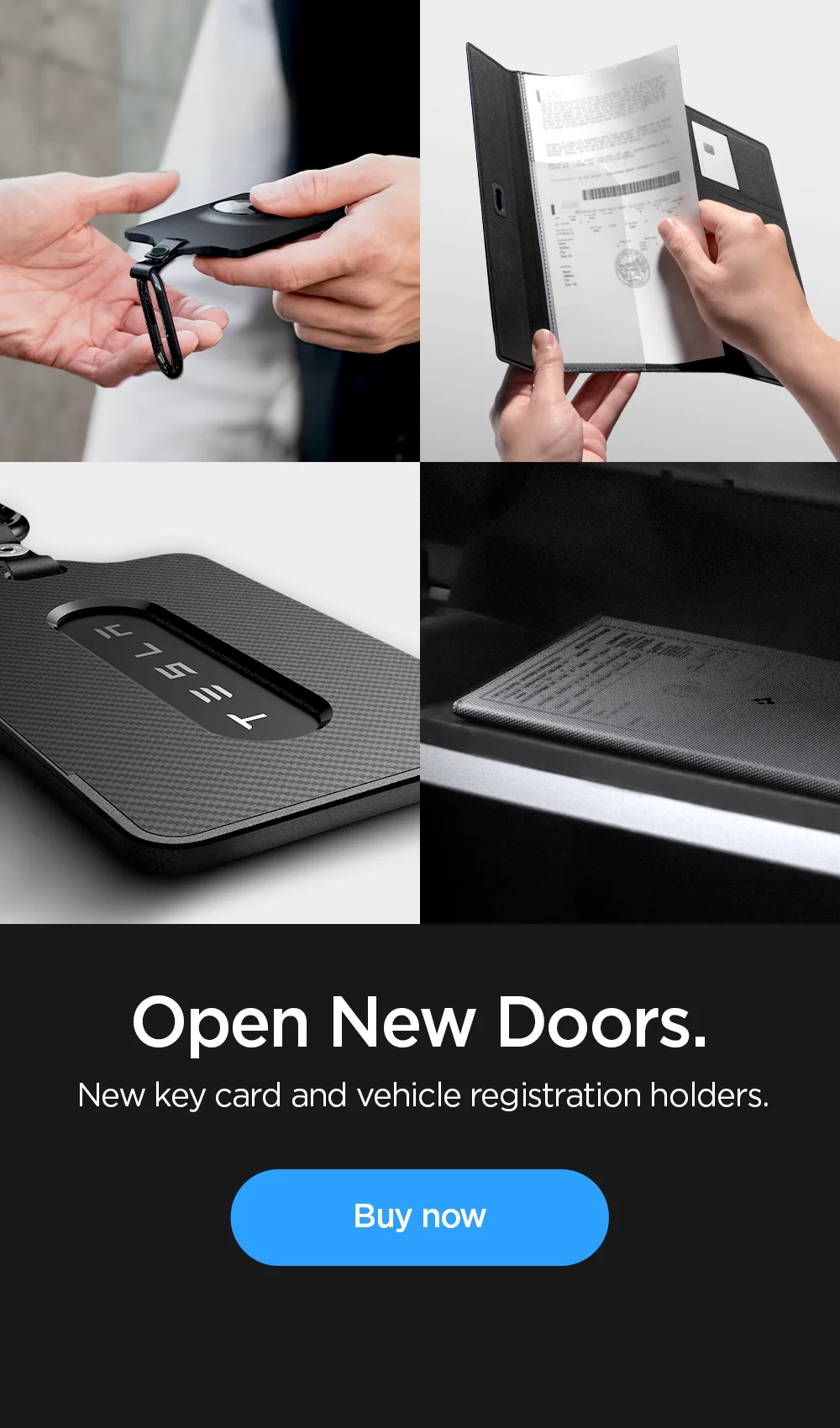 New Tesla: Open New Doors. New key card and vehicle registration holders. Buy now.