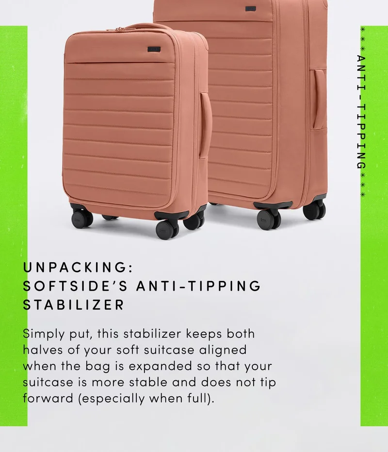 Unpacking SOftside's Anti-Tipping Stabilizer: simply put, this anti-tipping stabilizing feature keeps both halves of Softside aligned when the bag is expanded and keeps it from tipping forward when you let go of the trolley handle. The anti-tipping feature simply helps to keep the two wheel bases stable and smooth.