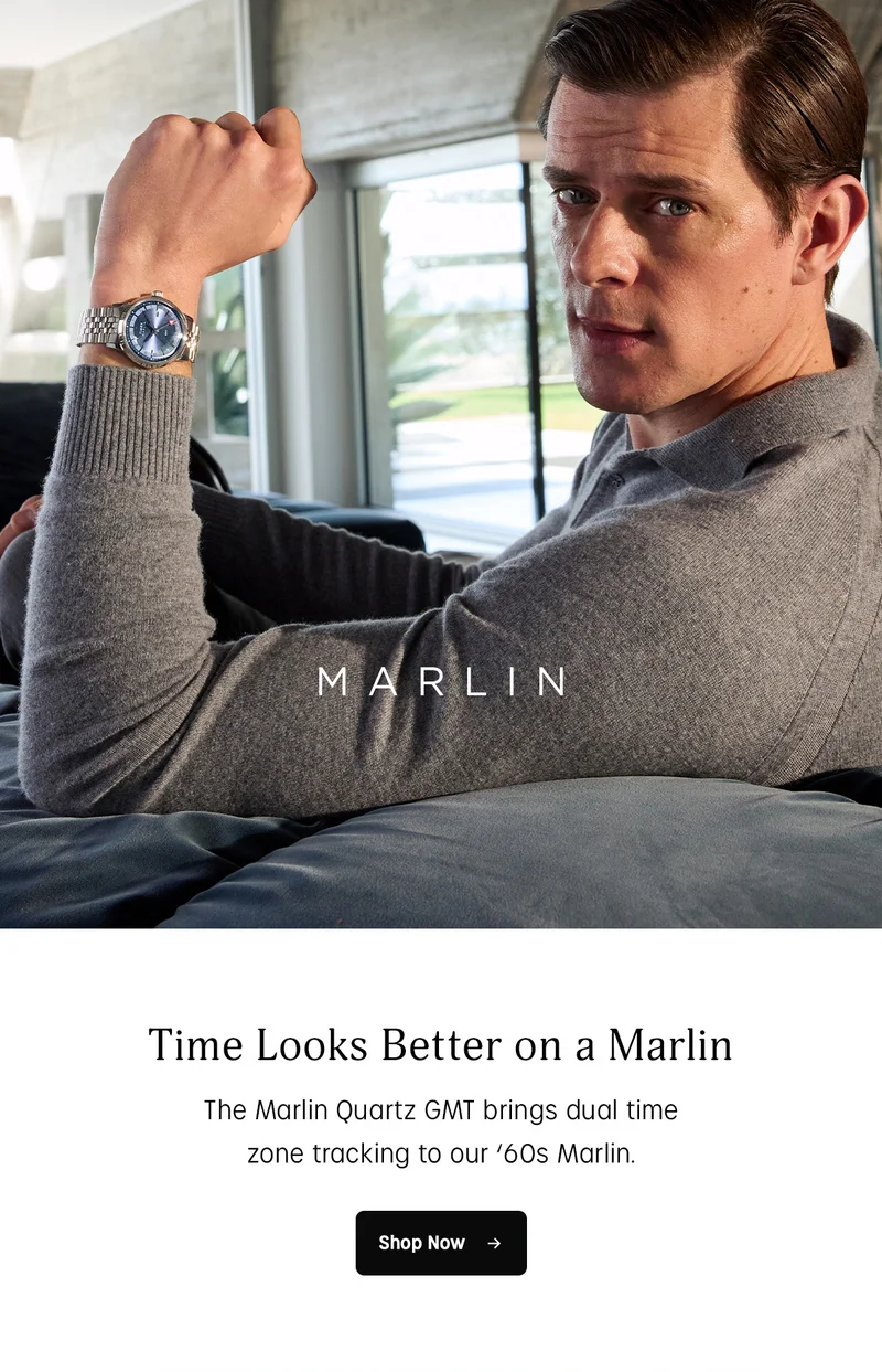 Time Looks Better on a Marlin | The Martin Quartz GMT brings dual time zone tracking to our 60s Marlin. | Shop Now