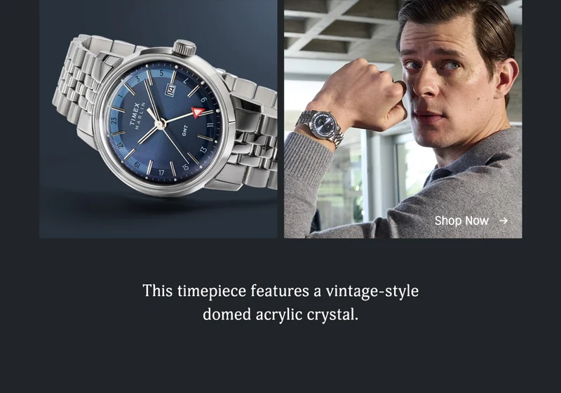 This timepiece features a vintage-style domed acrylic crystal.