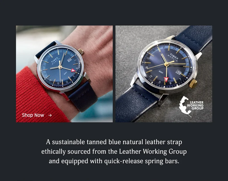 A sustainable tanned blue natural leather strap ethically sourced from the Leather Working Group and equipped with quick-release spring hours.