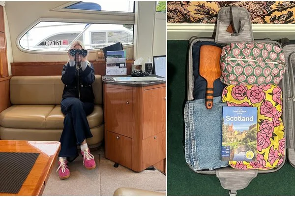 Ann Douglas on a boat, and her packed suitcase