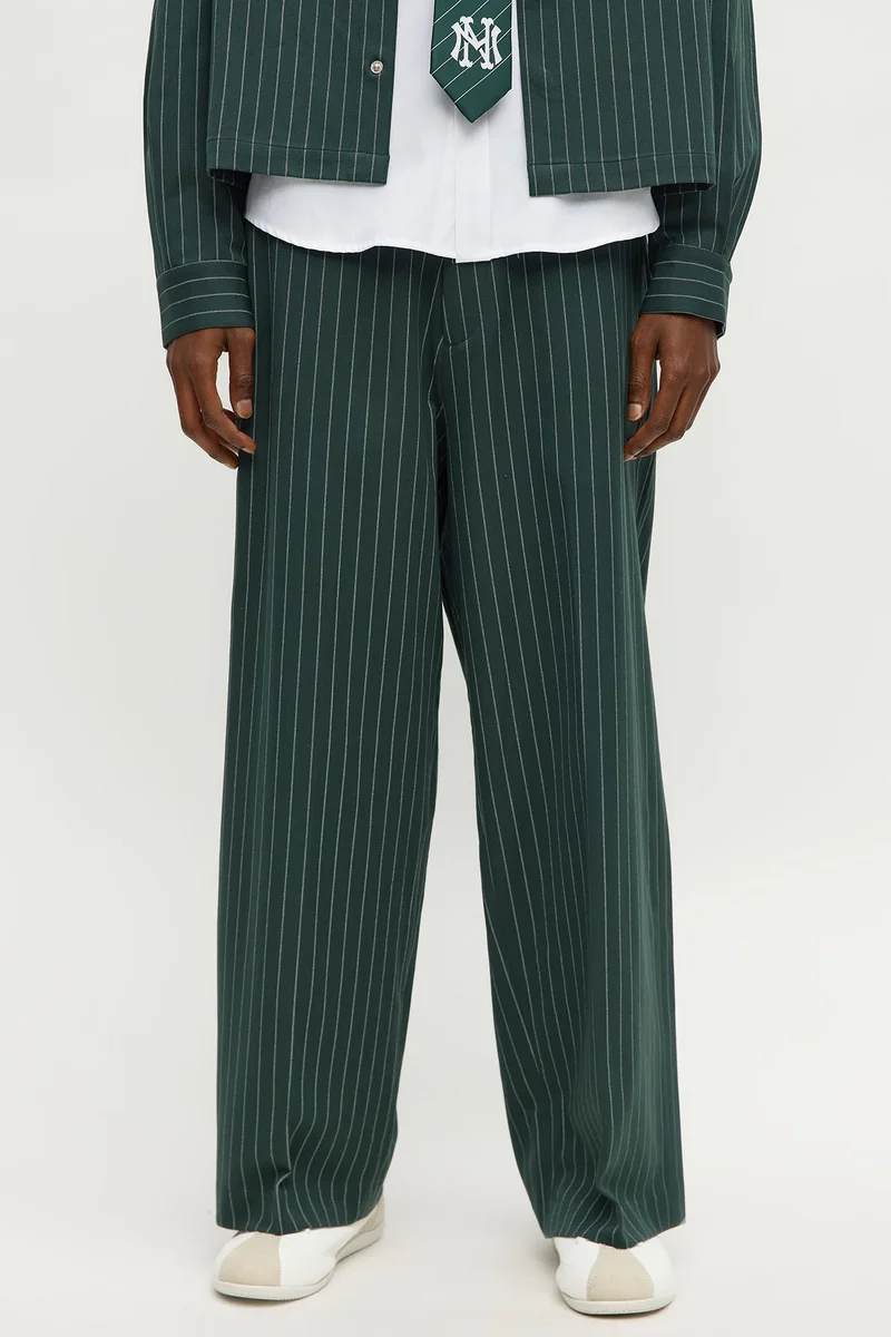 Image of Wide Leg Straight Striped Trouser - Green