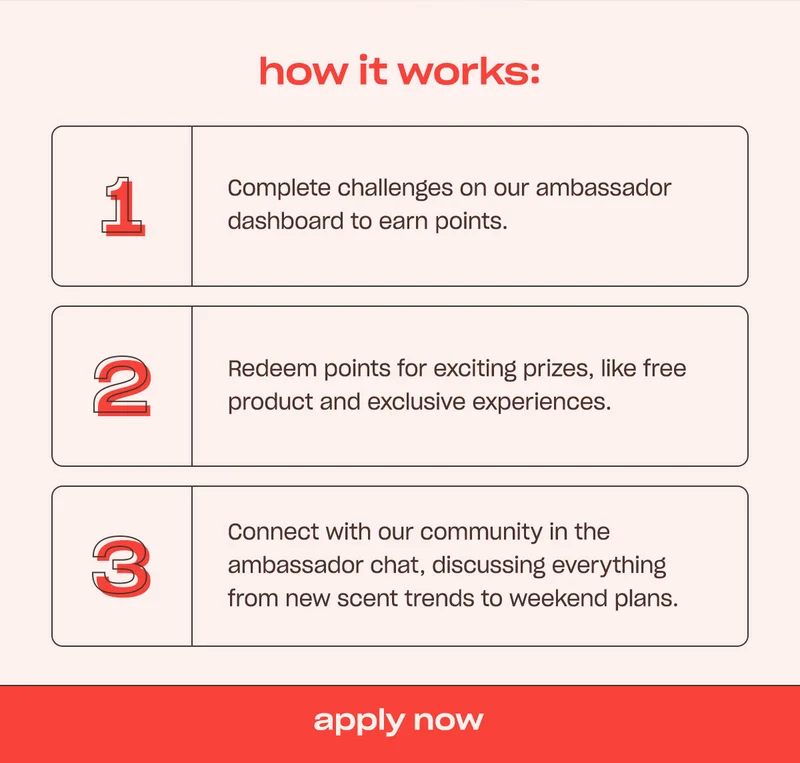 how it works: 1. Complete challenges on our ambassador dashboard to earn points. 2. Redeem points for exciting prizes, like free product and exclusive experiences. 3. Connect with our community in the ambassador chat, discussing everything from new scent trends to weekend plans. Apply now.