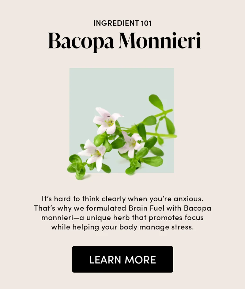 INGREDIENT 101 Bacopa Monnieri   It’s hard to think clearly when you’re anxious. That’s why we formulated Brain Fuel with Bacopa monnieri—a unique herb that promotes focus while helping your body manage stress.