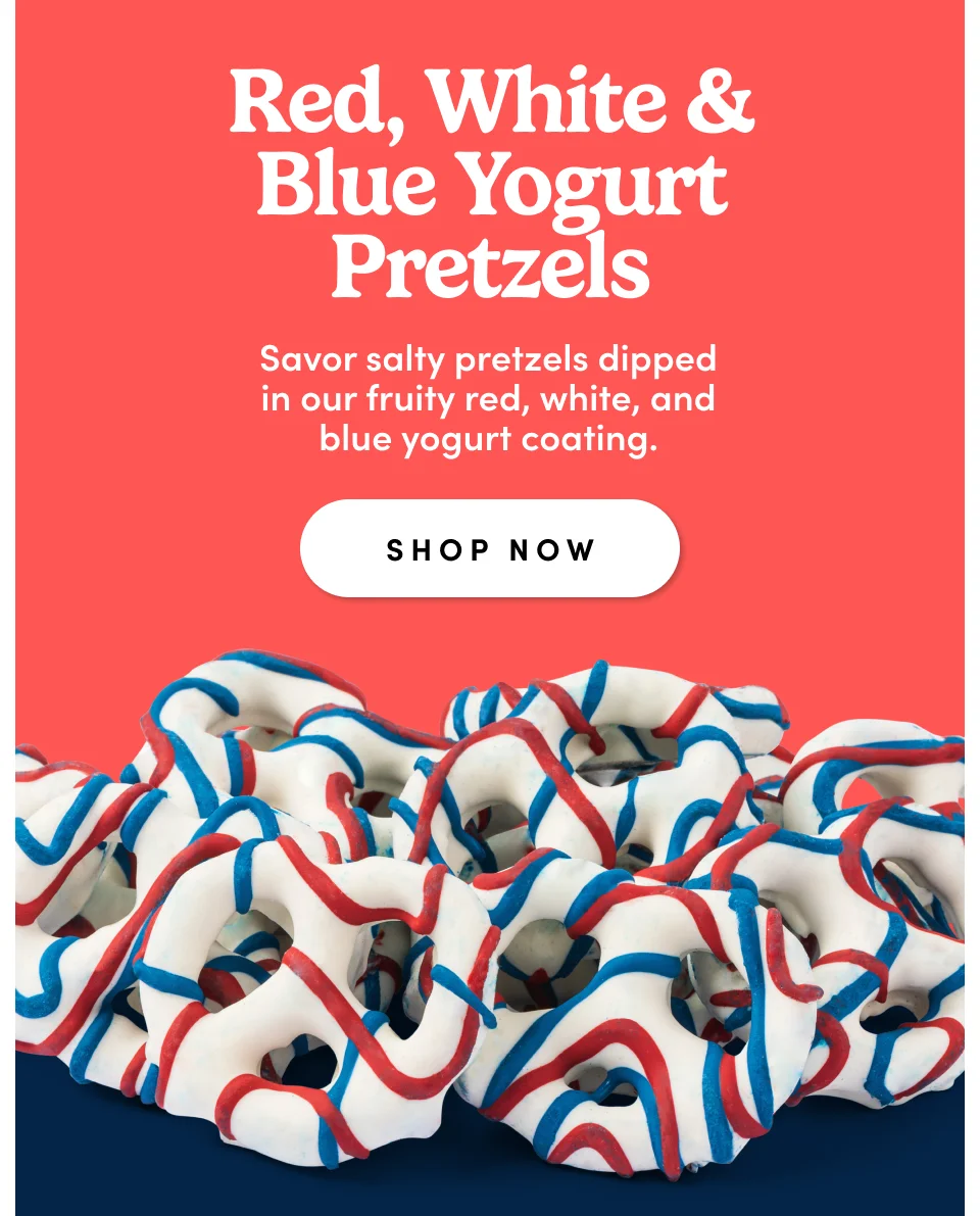 Red, White & Blue Yogurt Pretzels: Savor salty pretzels dipped in our fruity, red, white, and blue yogurt coating. Red, White & Blue Yogurt Pretzels: Savor salty pretzels dipped in our fruity, red, white, and blue yogurt coating.