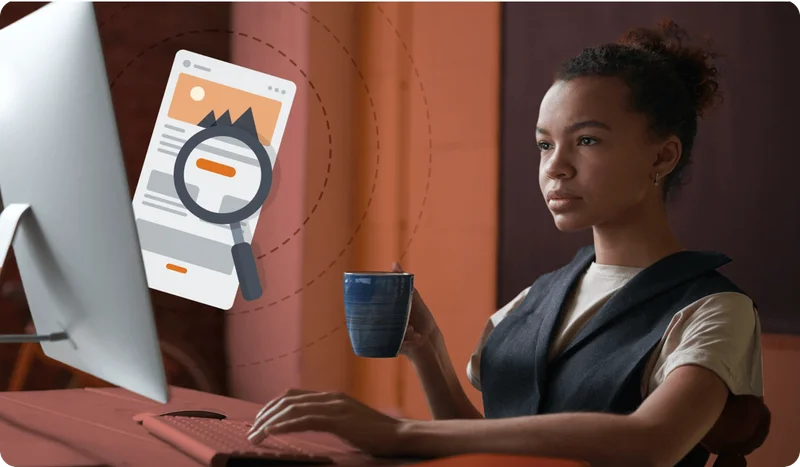 Image of a woman sat at a computer with an icon representing the email QA process