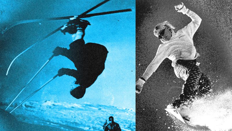 Image may contain: snowboarding vs. skiing, Photography, Adult, Person, Outdoors, Nature, Aircraft, Helicopter, Transportation, Vehicle, and Water