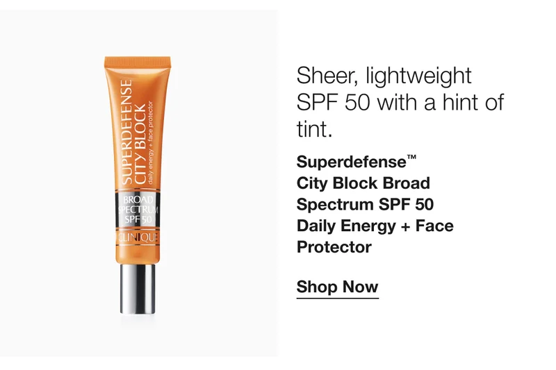 Sheer, lightweight SPF 50 with a hint of tint. | Superdefense™ City Block Broad Spectrum SPF 50 Daily Energy + Face Protector | Shop Now
