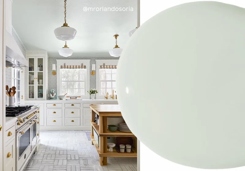 Kitchen ceiling painted with Rain Check