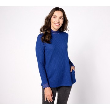 LOGO by Lori Goldstein Metallic Waffle Knit Mock Neck Top w/ Lace
