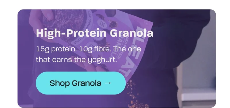 High-protein granola packaging with nutritional information.