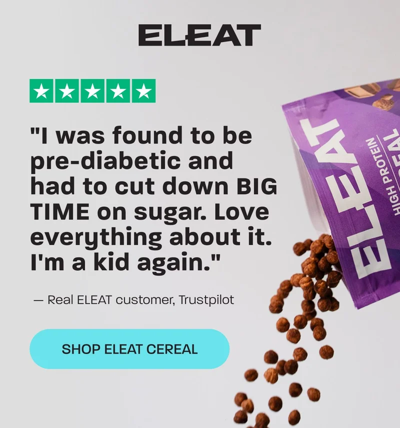 Customer review praising ELEAT cereal for its low sugar content.