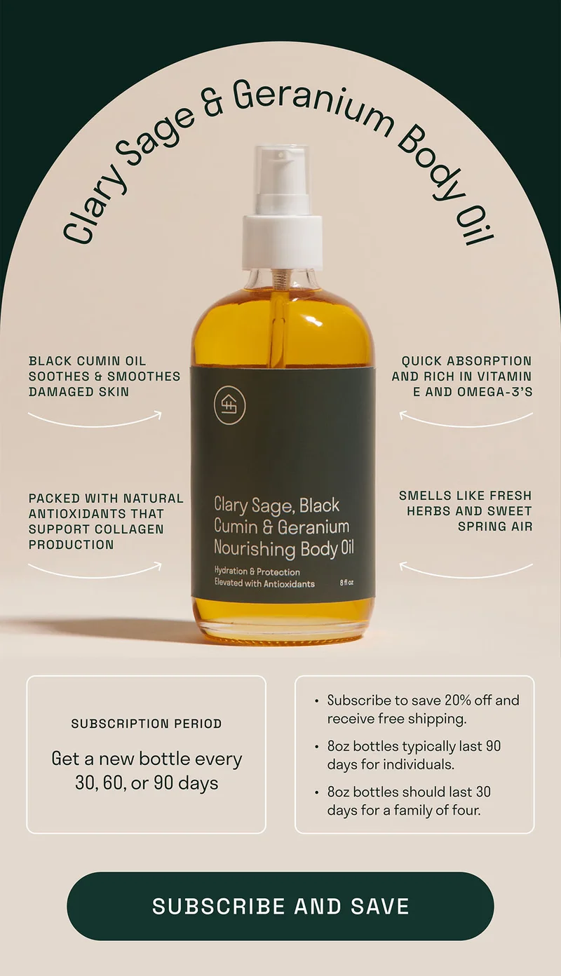Clary Sage & Geranium Body Oil. Subscribe to save.