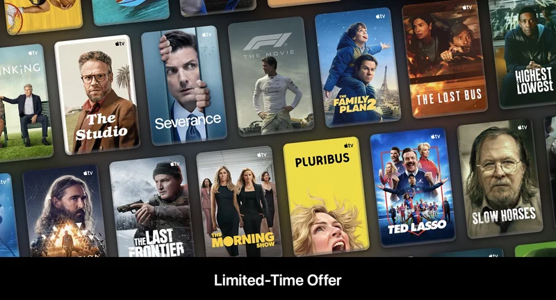 Marketing images of key shows and movies streaming on Apple TV.