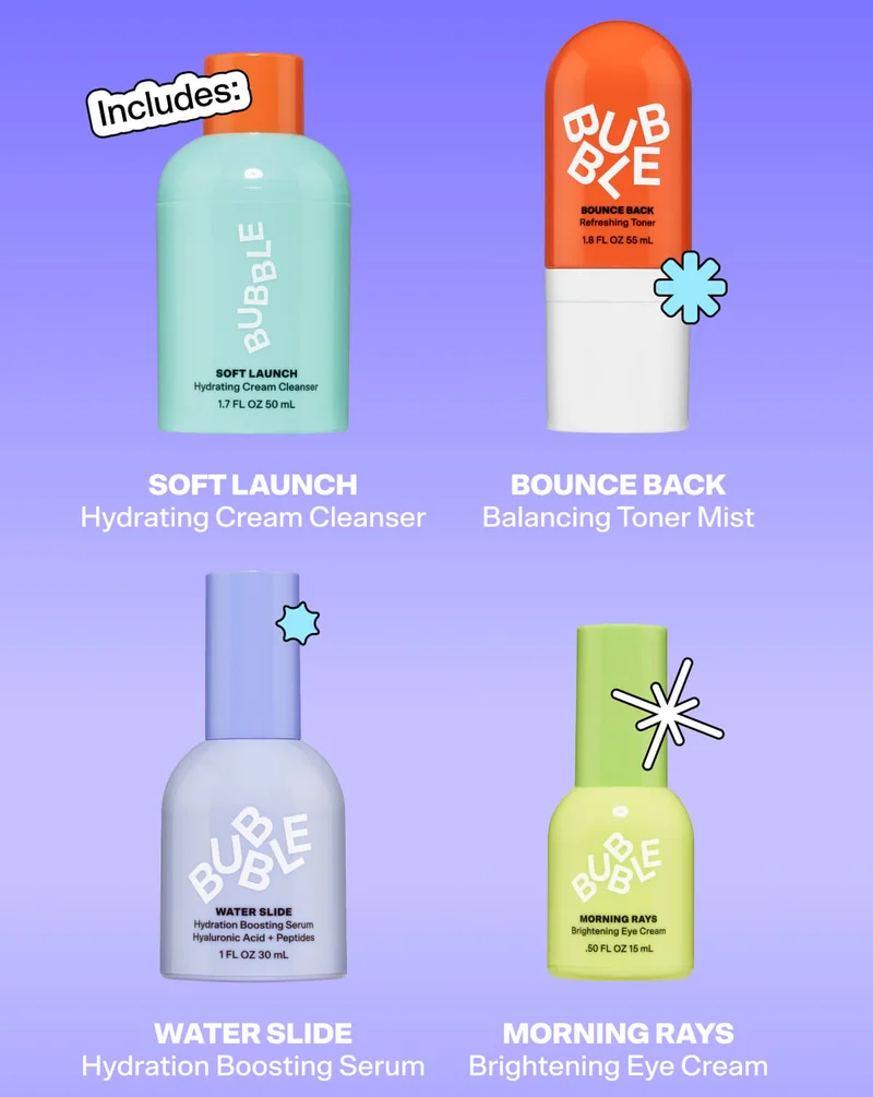 Soft Launch Hydrating Cream Cleanser [SHOP NOW]  Bounce Back Balancing Toner Mist [SHOP NOW]  Water Slide Hydration Boosting Serum [SHOP NOW]  Morning Rays Brightening Eye Cream [SHOP NOW]