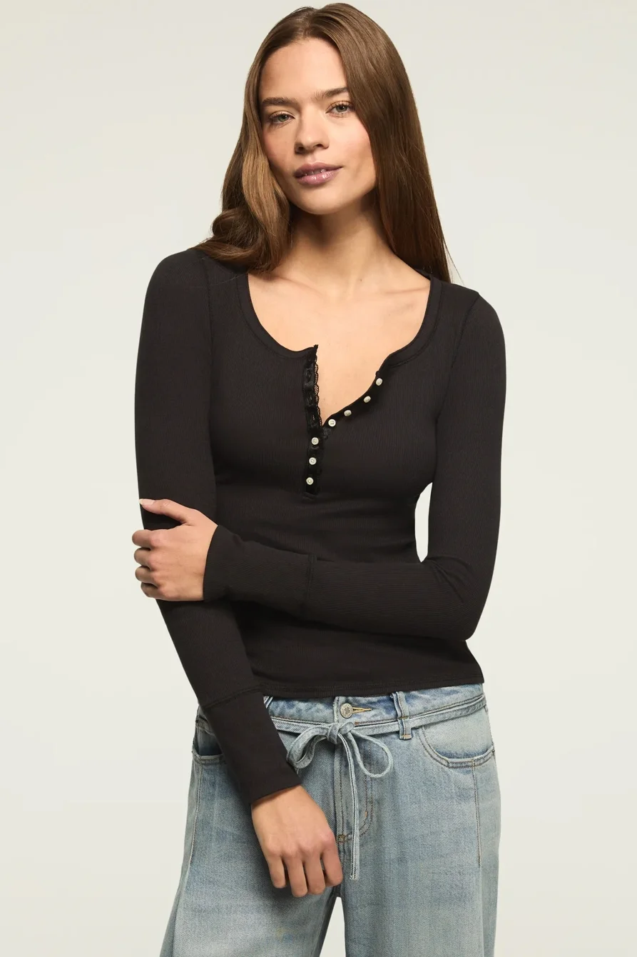 Image of Lucky Brand Pointelle Trim Rib Henley - Women's Clothing Tops Tees Henley Shirt in Soft Pink