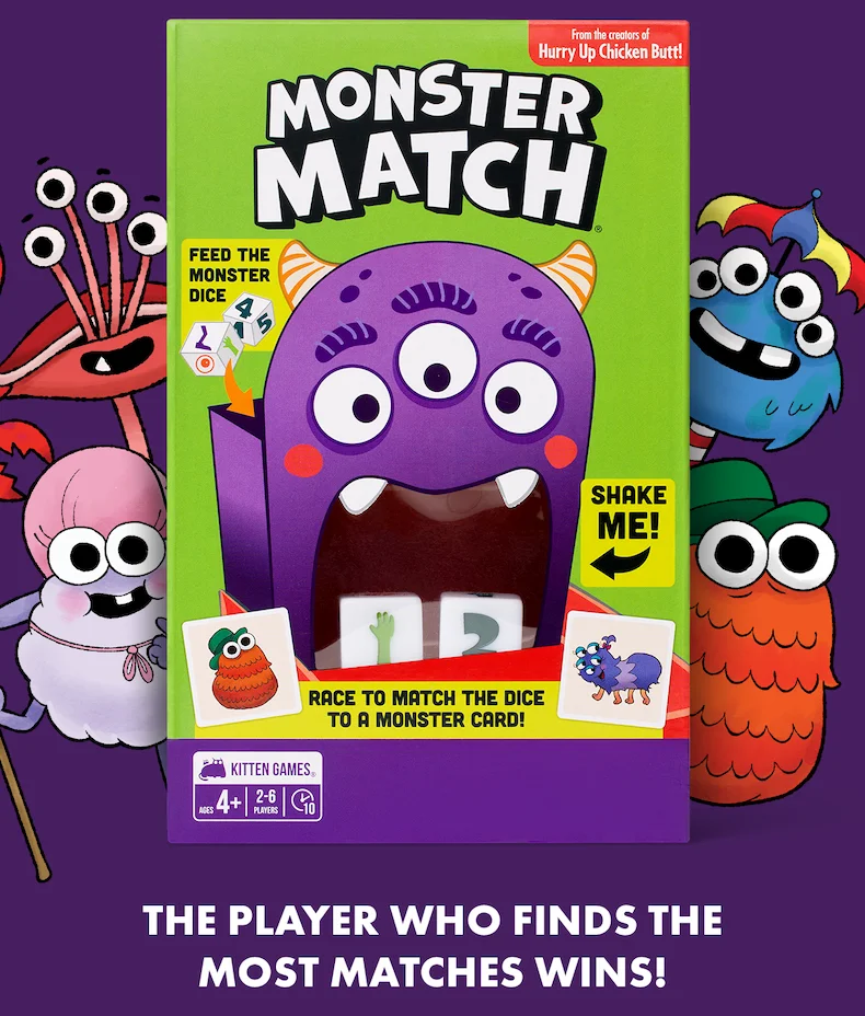 MONSTER MATCH | THE PLAYER WHO FINDS THE MOST MATCHES WINS! | NO CHARGING CABLES | NO SUBSCRIPTION FEES | NO WEIRD YOUTUBE VIDEOS ABOUT OPENING SURPRISE EGGS | Just dice, cards, and kids yelling about monsters while actually using their brains. | Because sometimes the best parenting hack is just a really good game.